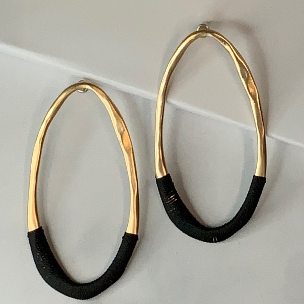 Hammered Oval Hoop Earrings with black woven thread